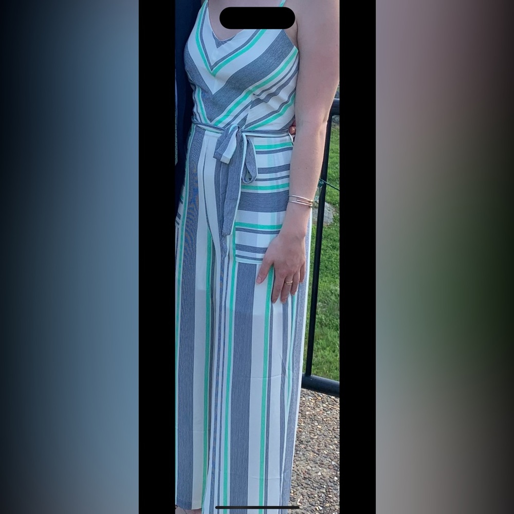 Green and Blue Striped Women's Jumpsuit